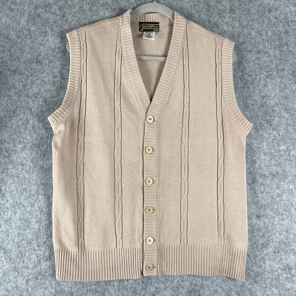 VTG Sears Sportswear Vest‎ Mens XL Beige Knit Fisherman Grandpa Academia 70s 80s